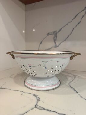 Vintage White Pedestal Colander with Pink & Green Floral Trim